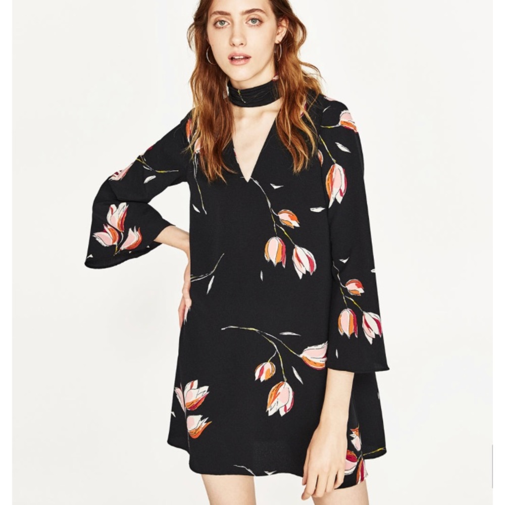 Zara Choker Neck Flare Sleeve Floral Dress